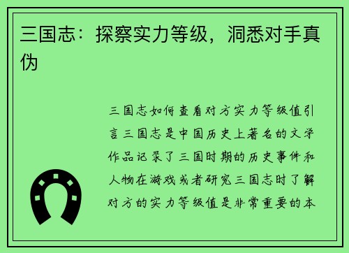 三国志：探察实力等级，洞悉对手真伪